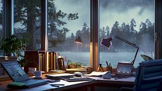 Rainy Study Session - Cozy Cabin Ambience with Soothing Rain & Forest View