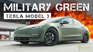 This tesla model 3 goes army green with a full body wrap using 3m
matte military green. the exterior is complimented satin black chrome
delete and mat...