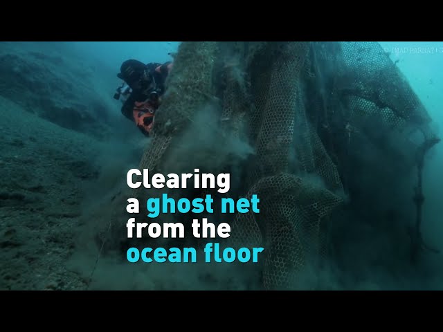 Clearing a ghost net from the ocean floor 