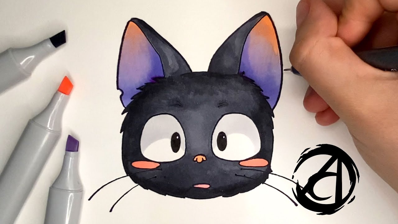 Um desenho preto e branco do rosto de um gato.