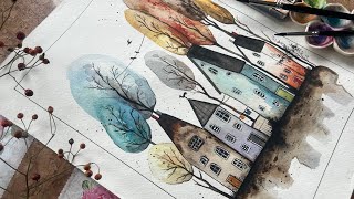 Watercolor houses. Paint with me