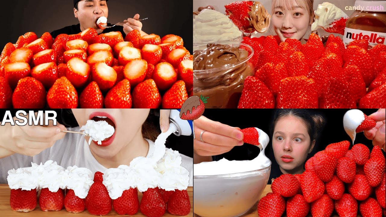 STRAWBERRY & WHIPPED CREAM ASMR MUKBANG COMPILATION(Eating at 3x Speed!)🤤INSANELY SATISFYING SOUNDS😋