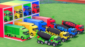 Trucks With COLORS - IVECO MIXER TRUCK and MERCEDES URBAN TRUCK with FLATBED TRAILER TRUCK - FS22