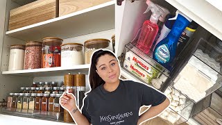 ORGANIZING MY KITCHEN - SPICE CABINET \& UNDER THE SINK… Clean With Me!