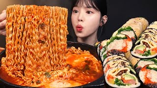 SUB)맵칼한 열라면에 묵은지참치김밥 먹방! 통계란 명란아보카도김밥까지 분식 꿀조합 리얼사운드 Ramyeon &amp; Gimbap Mukbang Asmr