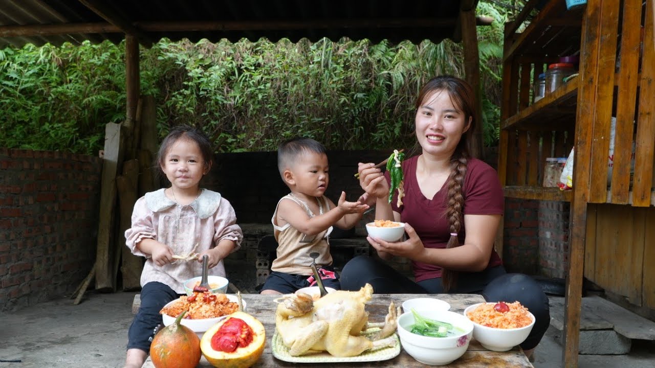 Harvest grapefruit garden to sell at market - boil chicken to feed two children