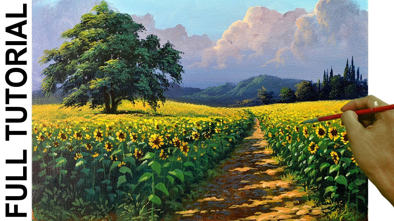Acrylic Landscape Painting Tutorial Sunflower Field Youtube