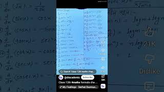 derivative formulas 12th class