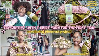 first time crocheting with t-shirt yarn lets make a pinterest project! #crochet #projectvlog