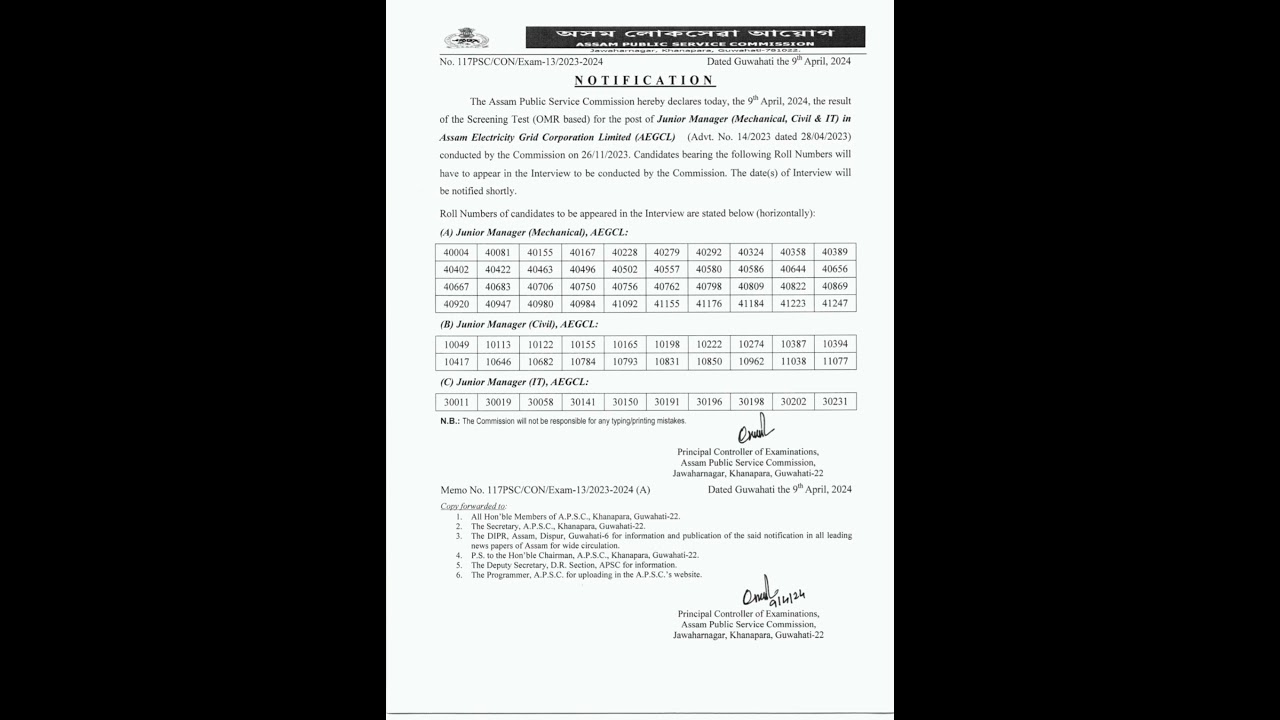 Result of the Screening Test OMR based for the post of Junior Manager (Mechanical/Civil/IT) in APGCL
