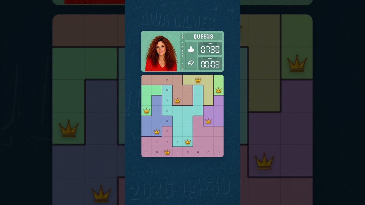 LinkedIn Queens #730 solved board for April 30, 2026, 8x8 grid