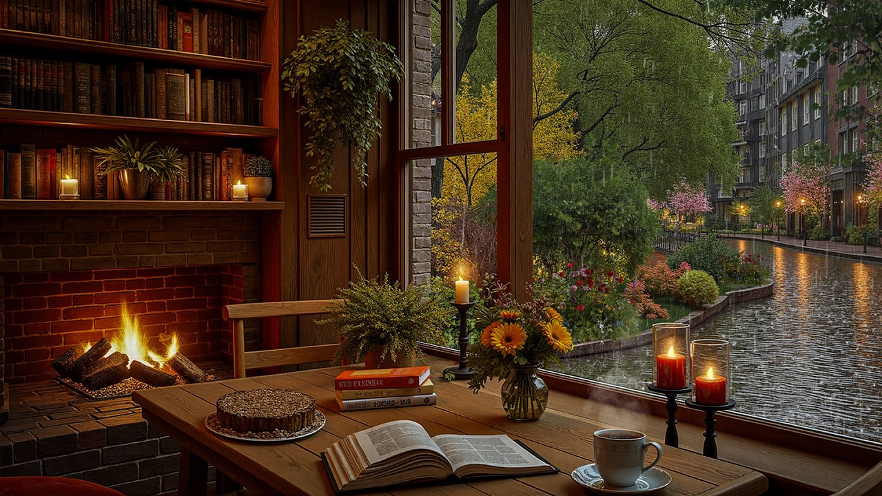 Rainy Spring Jazz Café ☕ Soft Piano, Cozy Fireplace & Coffee Shop Vibes for Relaxation