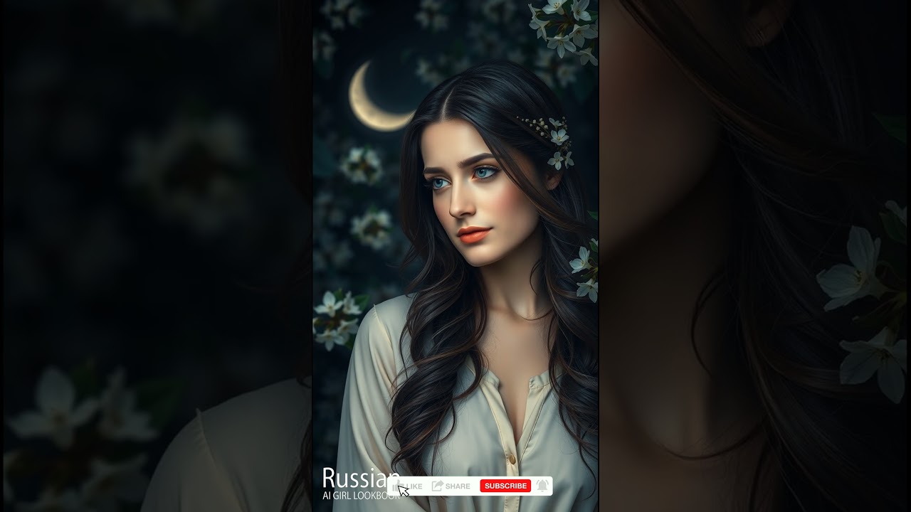 Serene Beauty in Cream Blouse Amid Moonlit Garden 