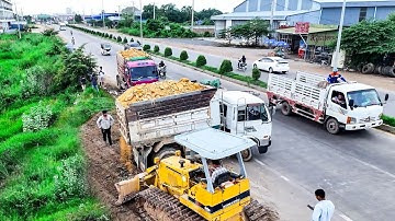 WONDERFUL Start Project LANDFILL BY Excellent Skill Driver DOZER KOMATSU D31P Pushing soil &5TTrucks
