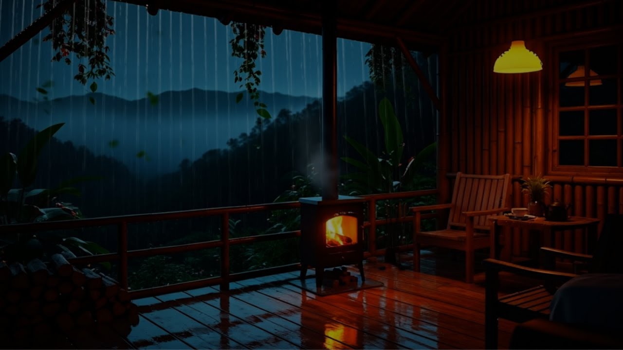 Rainy Summer Night on Wooden Porch  - Crackling Campfire & Rain Sounds for Deep Sleep & Relaxation