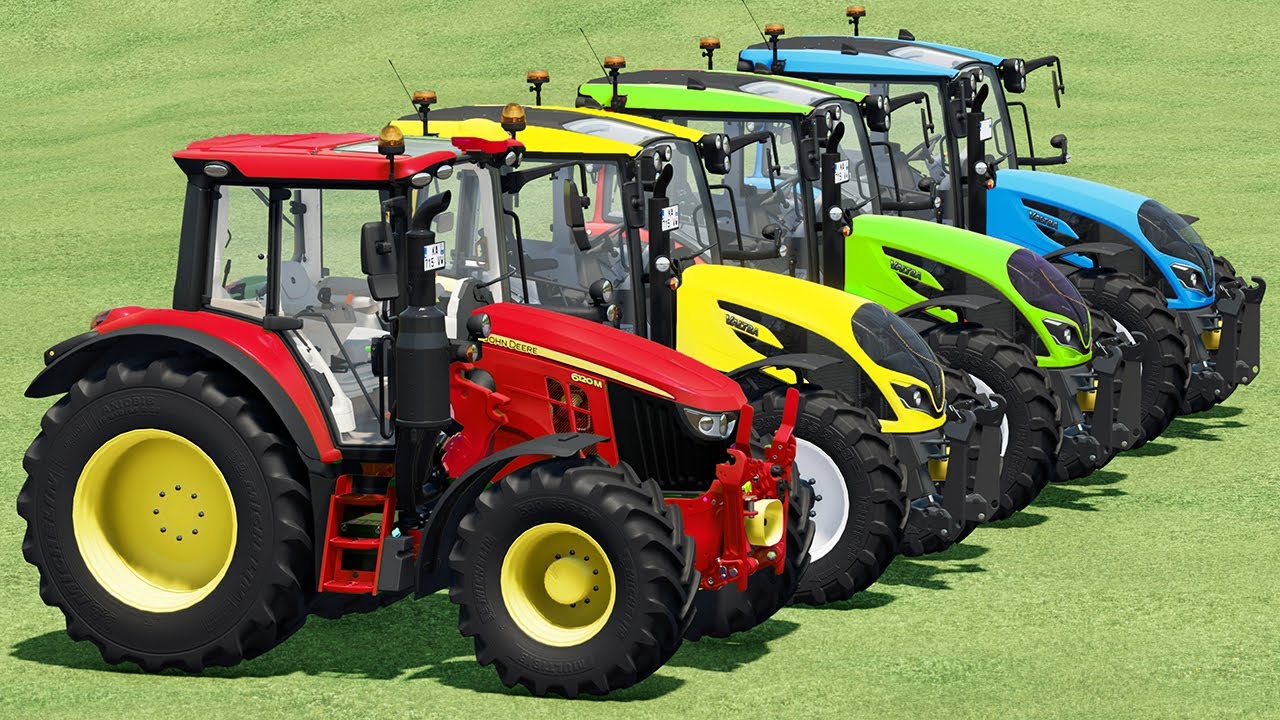 TRANSPORT JOHN DEERE WITH VALTRA & NEW HOLLAND TRACTORS - SUGAR BEET HARVEST w/ FLATBED TRAILER