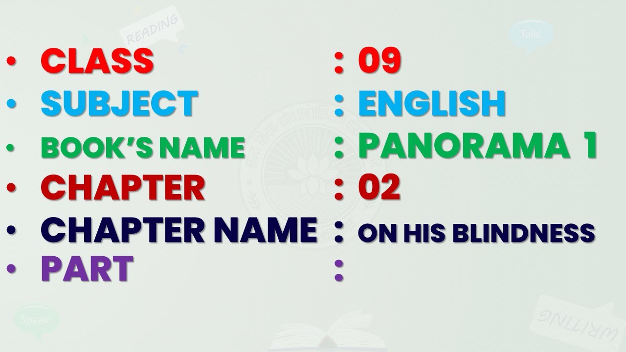 ON HIS BLINDNESS | CLASS-09 | CH 01 | ENGLISH | POETRY | PANORAMA 1