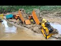 Peroyek  bendungan besar rc exsavator rc buldozer dan rc dam truk hino sedang bekerja di sungai