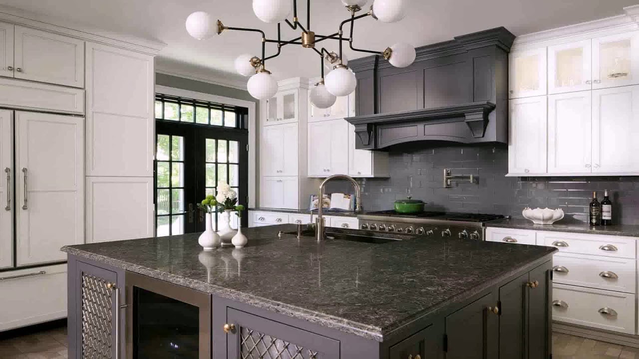 White Kitchen Cabinets With A Grey Island - YouTube