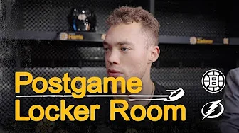 Morgan Geekie, Jordan Harris, and Casey Mittelstadt speak with media after 4-3 to Lightning