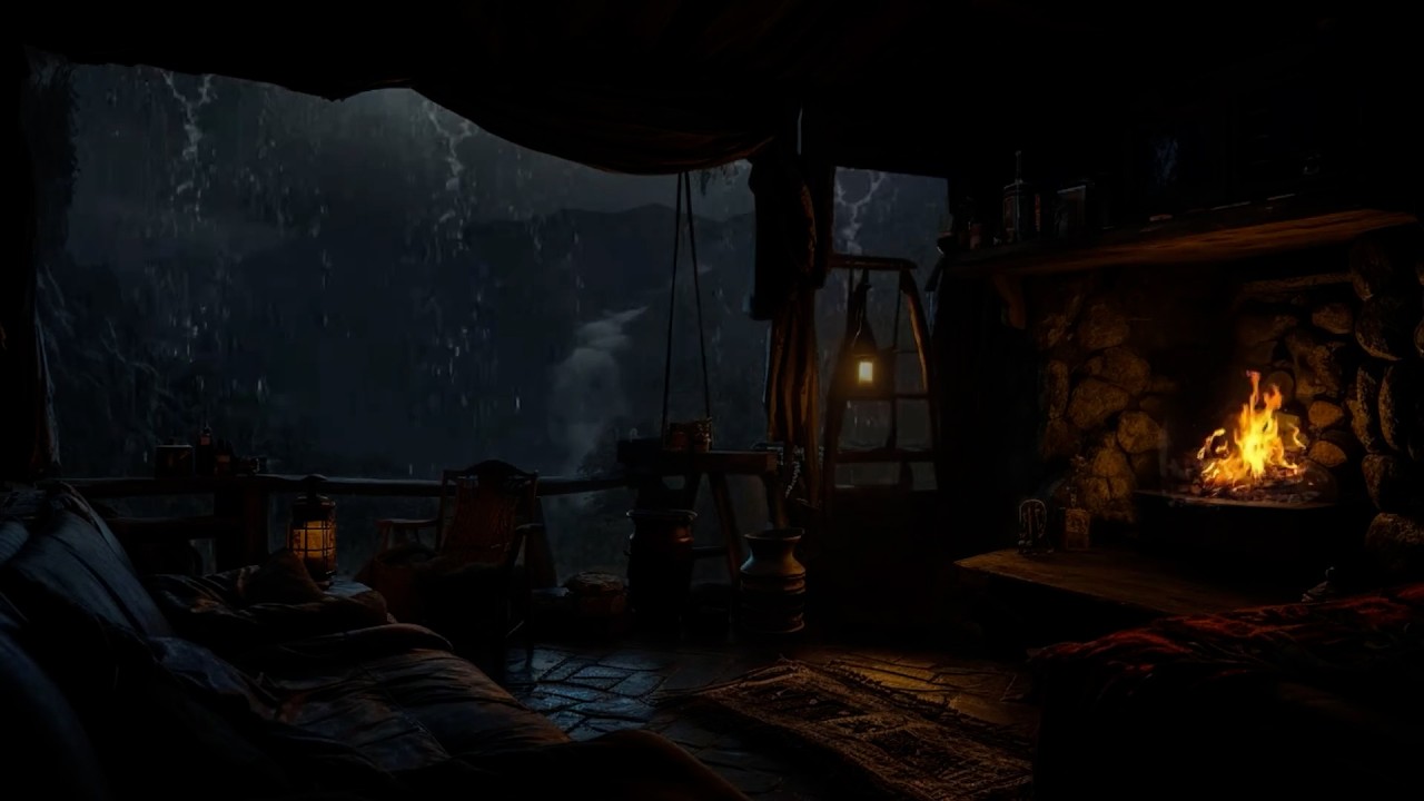 Cozy Cave Sanctuary 💤 Heavy Rain, Roaring Thunder & Crackling Bonfire for Sleep, Study, Relax ⛈️