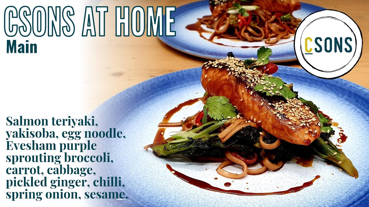 Broccoli chilli noodles with grilled salmon