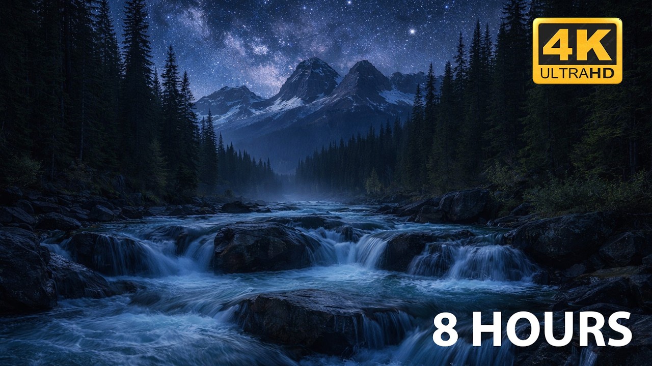 Night Mountain River Under the Stars 🌌 4K • 8 Hours Relaxing Water Sounds