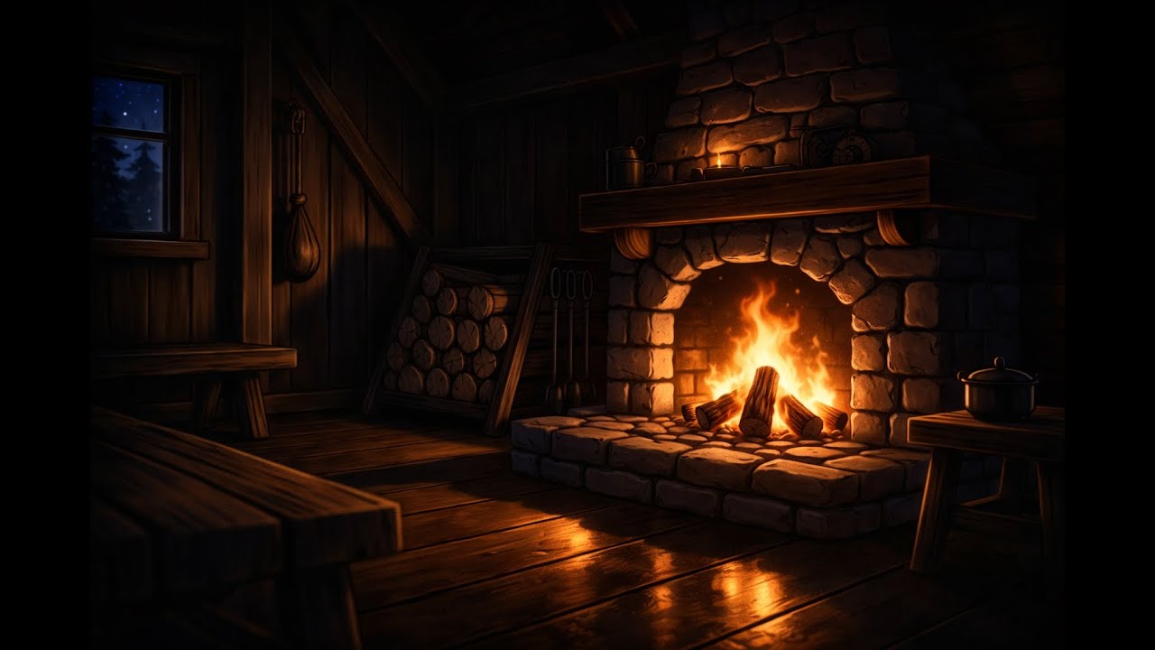 Dark Cozy Fireplace - Midnight Cabin Ambience (No Music, 4K)