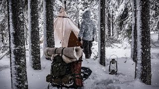 2 Days HOT TENT WINTER CAMPING in SCANDINAVIA • CAUGHT in a SNOWSTORM • ASMR