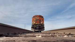 5-Engine BNSF Freight Train Rumbles Over Camera