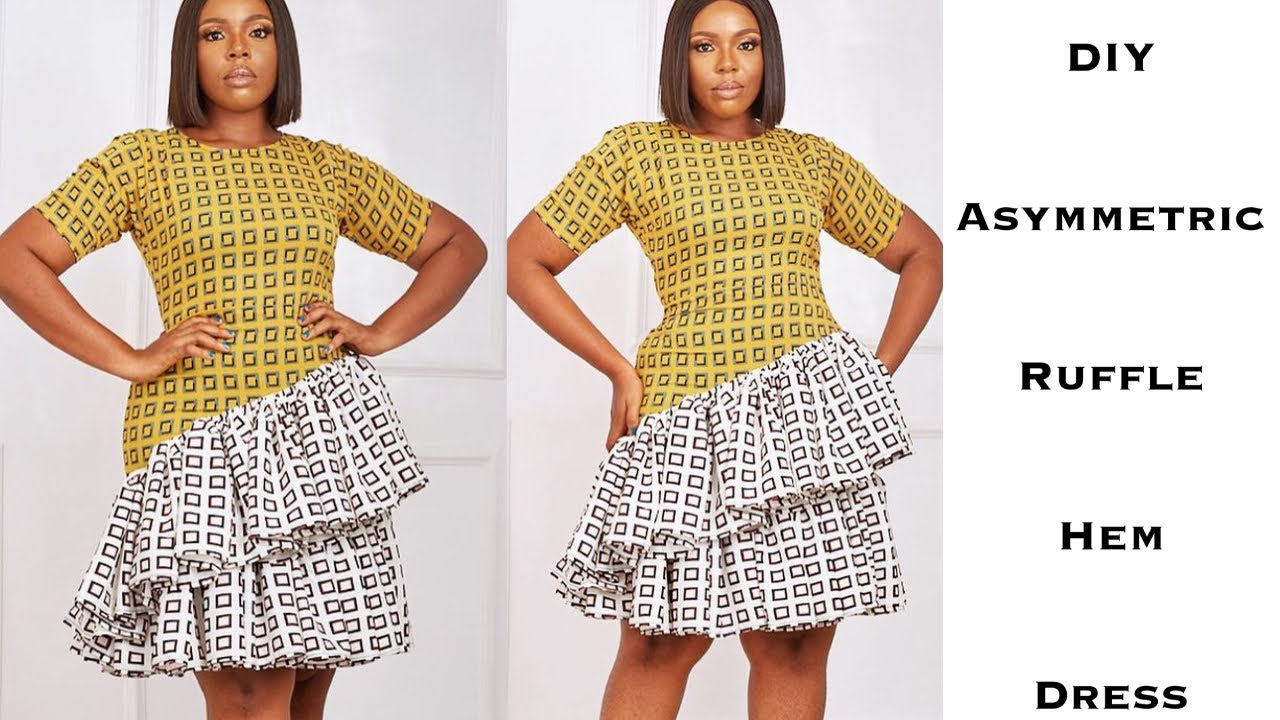 HOW TO MAKE AN EASY DRESS WITH ASYMMETRIC RUFFLE HEM Detailed Tutorial  (Cutting & Stitching) 