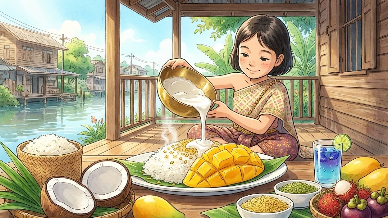 Peaceful Thai Porch Cooking | Mango Sticky Rice (Khao Niao Mamuang) | Cozy Thai noon in Ghibli Style