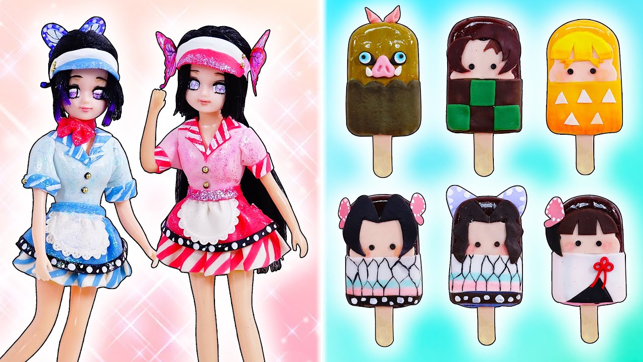 【鬼滅の刃】リカちゃん❤しのぶ、カナエ、カナヲ、炭治郎、善逸、伊之助のアイスをDIY✨しのぶとカナエのアイスクリーム屋さん🌼粘土衣装とメイクでお人形をリメイク手作り工作🎶