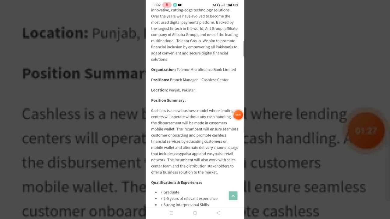 Telenor Microfinance Bank Limited Jobs Branch Manager – Cashless Center