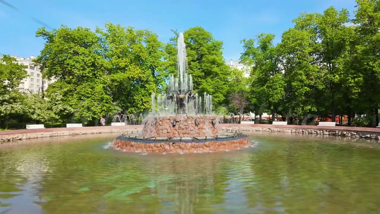 Moscow, Russia. Repinsky Fountain on Bolotnaya Square. Spring sunny morning