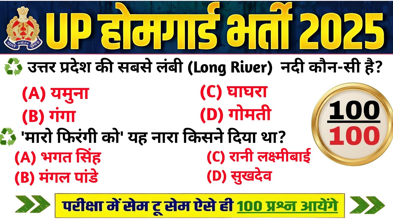 UP Home Guard भर्ती 2025 | UP GK Top 100 Questions | UP Gk Previous Year Questions Paper | Part 04 