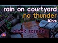 Black screen rain in courtyard  relaxing rain on roof and various surfaces and materials