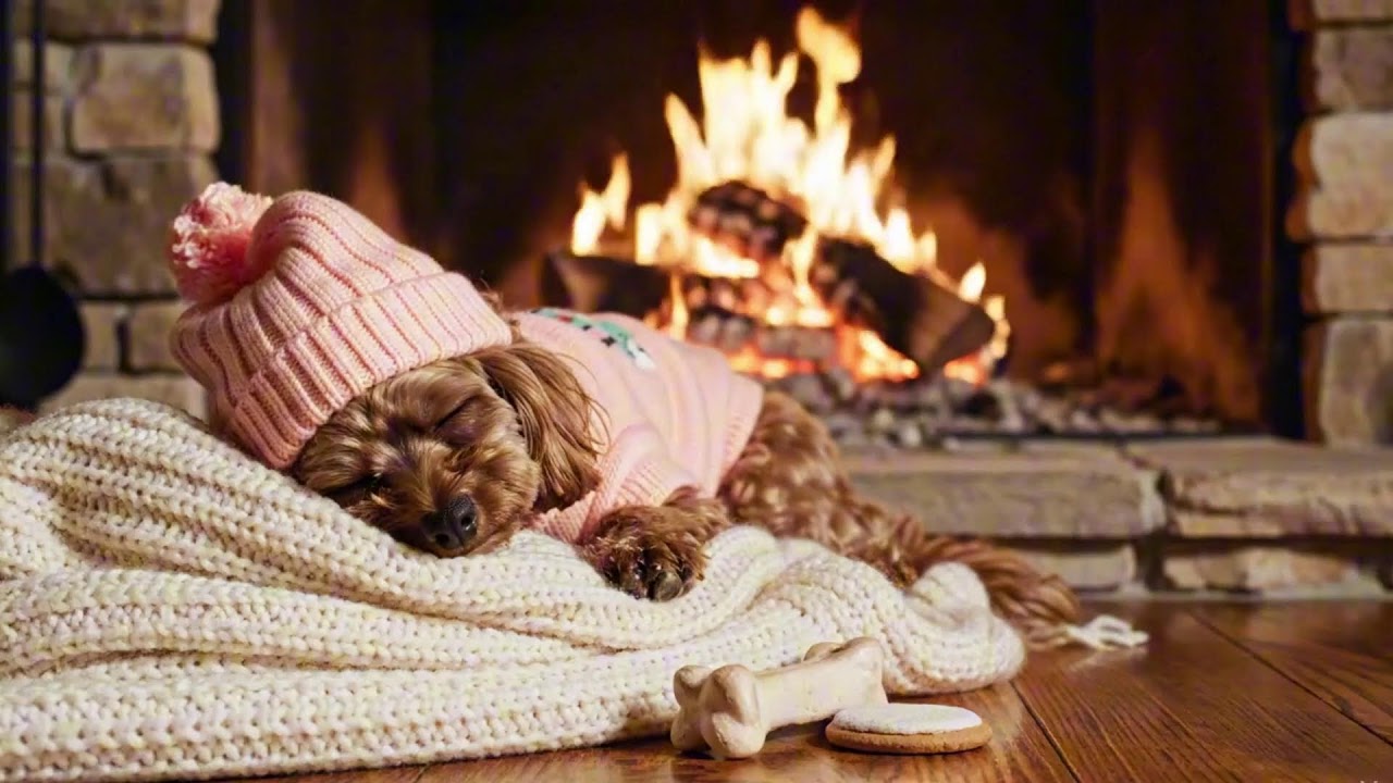 🔴 LIVE Cozy Cabin Fireplace ❄️🎄 Sleeping Dog | Winter ASMR Piano for Sleep
