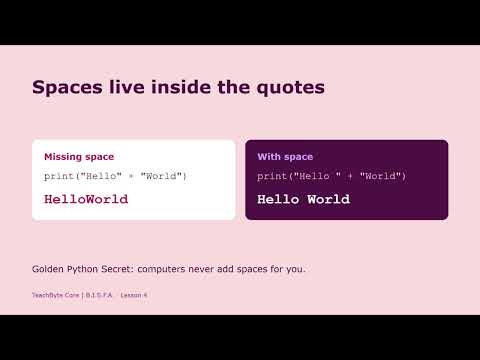 Lesson 4: String Concatenation & Glue Code! 🧩 (Combine Text in Python) | TeachByte Core | B.I.S.F.A.