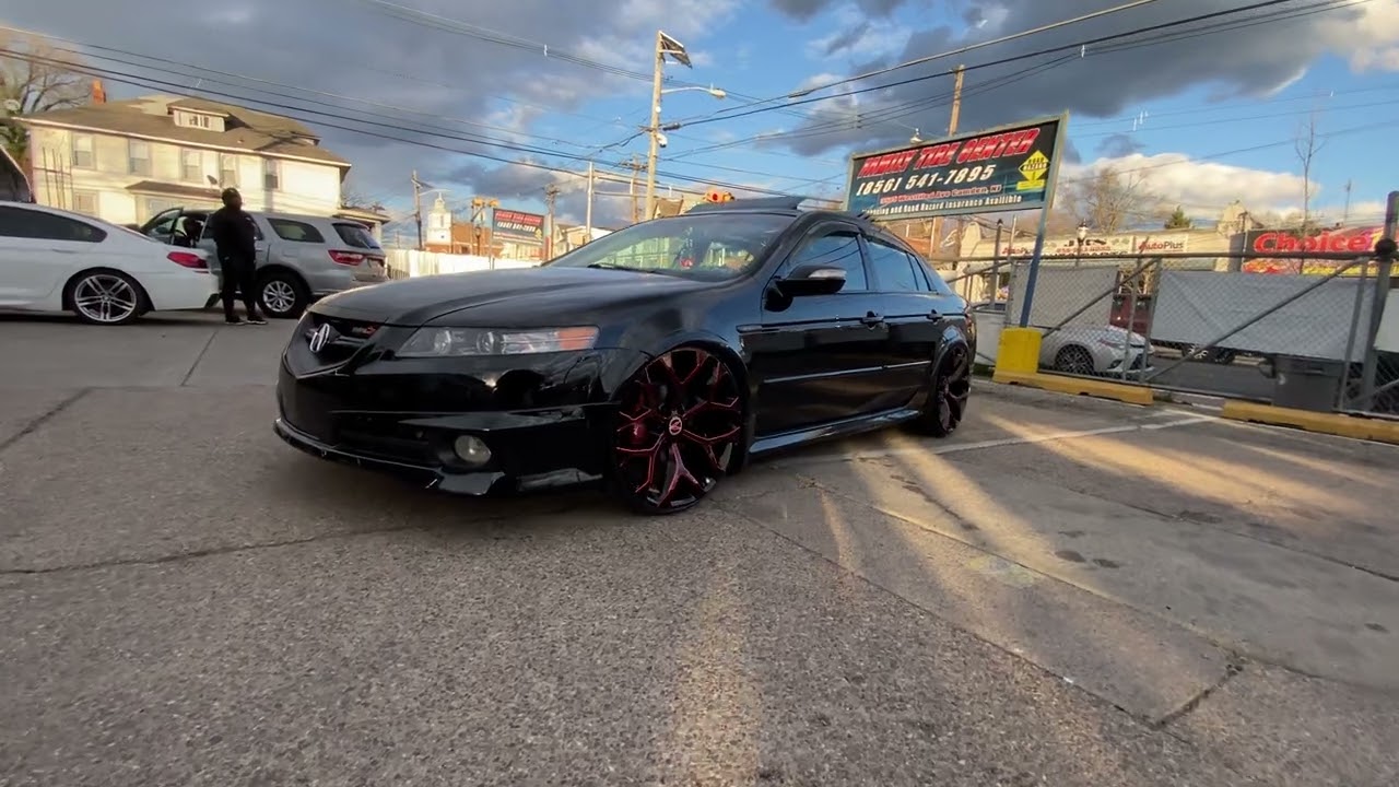 6 lug converted Acura TL on 22s Snowflake Style Wheels black red milling!