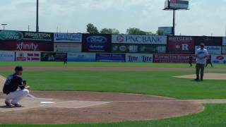 Meteorologist Dan Zarrow throws first pitch at Somerset Patriots game, doesn't blow it