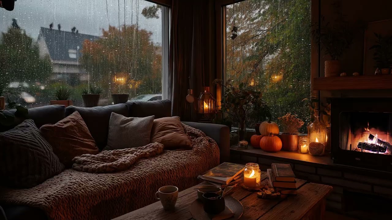 Window Rainfall at Night 🌧️ Cozy Fireplace ASMR for Deep Sleep (3 Hours)