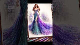 A bold gradient gown blending turquoise and violet tones, featuring a sheer silhouette💙💜✨ #fashion