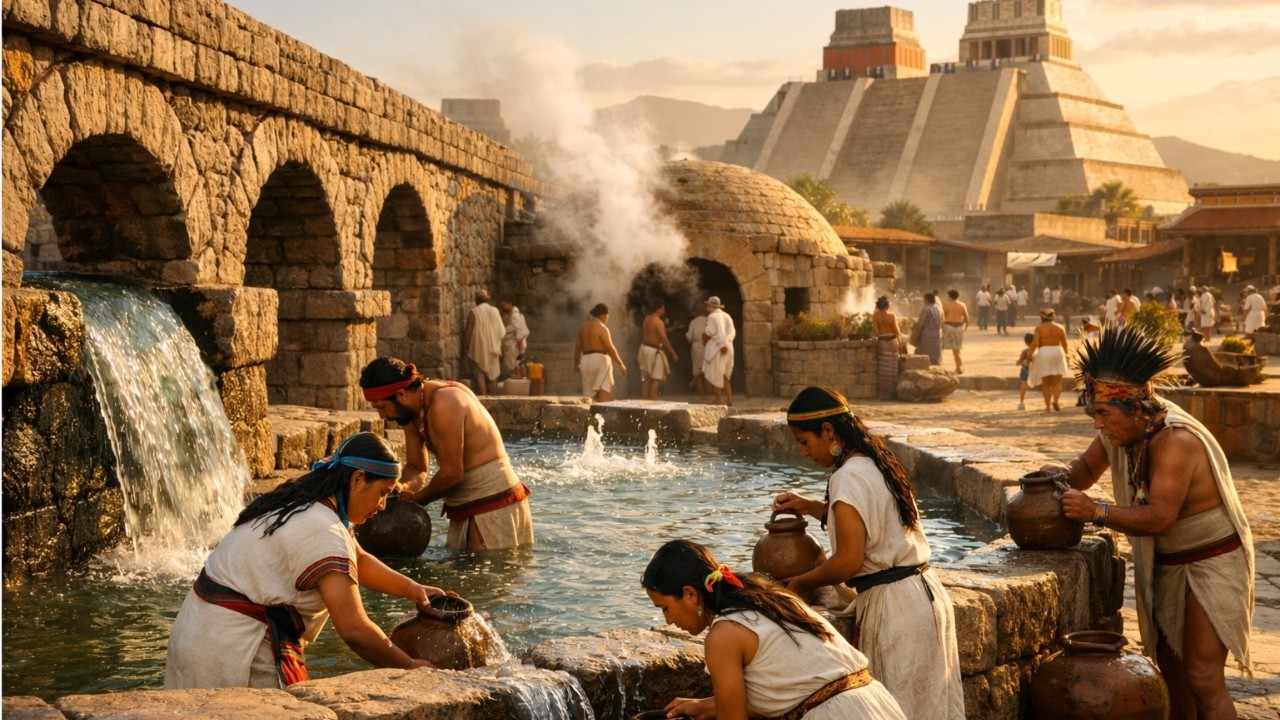 Tenochtitlán 1450: Agua limpia y baños públicos – La higiene que Europa nunca tuvo