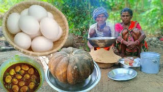 rural grandma cooking EGG with PUMPKIN curry || how to cook egg with pumpkin curry by rural cauple