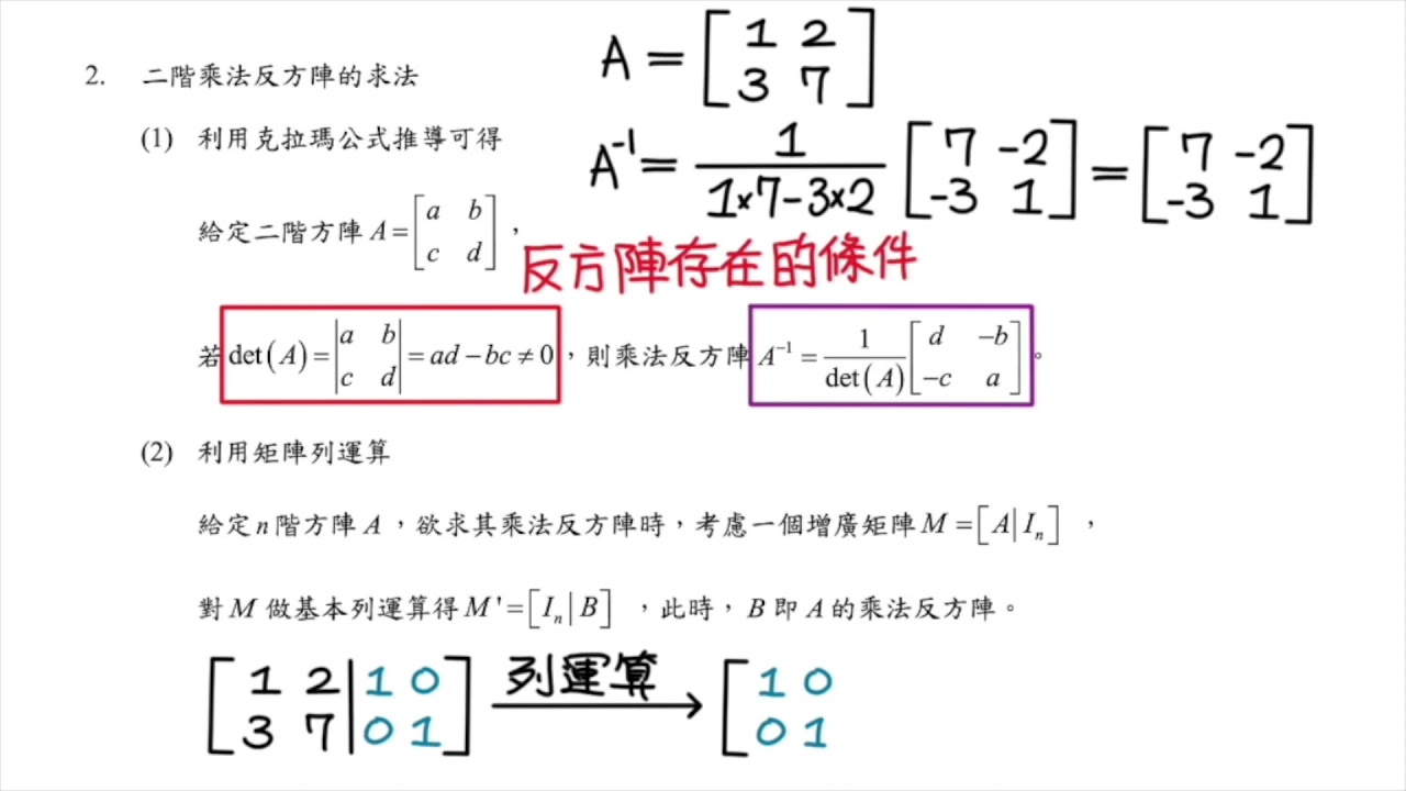 【北一酷課師】高中數學｜13-4 二階方陣的乘法反方陣