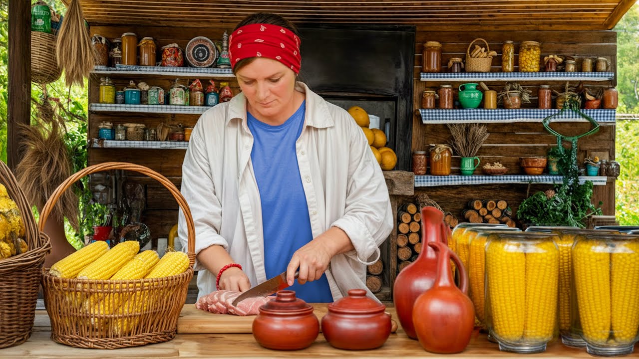 كباب لحم الضأن مع الذرة والمخللات على نار الحطب