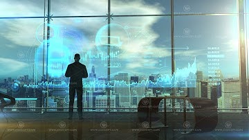 Trader in his office and infographics about bitcoin, 3D render.