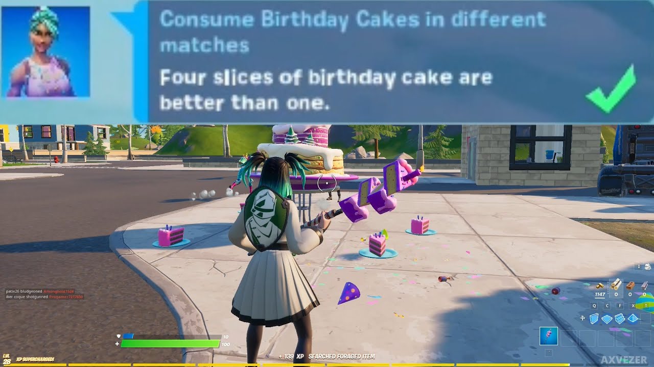 Consume birthday cakes in different matches - Fortnite