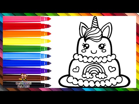 Desenhar e Colorir um Bolo de Aniversário de Unicórnio 🎂🦄❤️🌈 Desenhos para Crianças